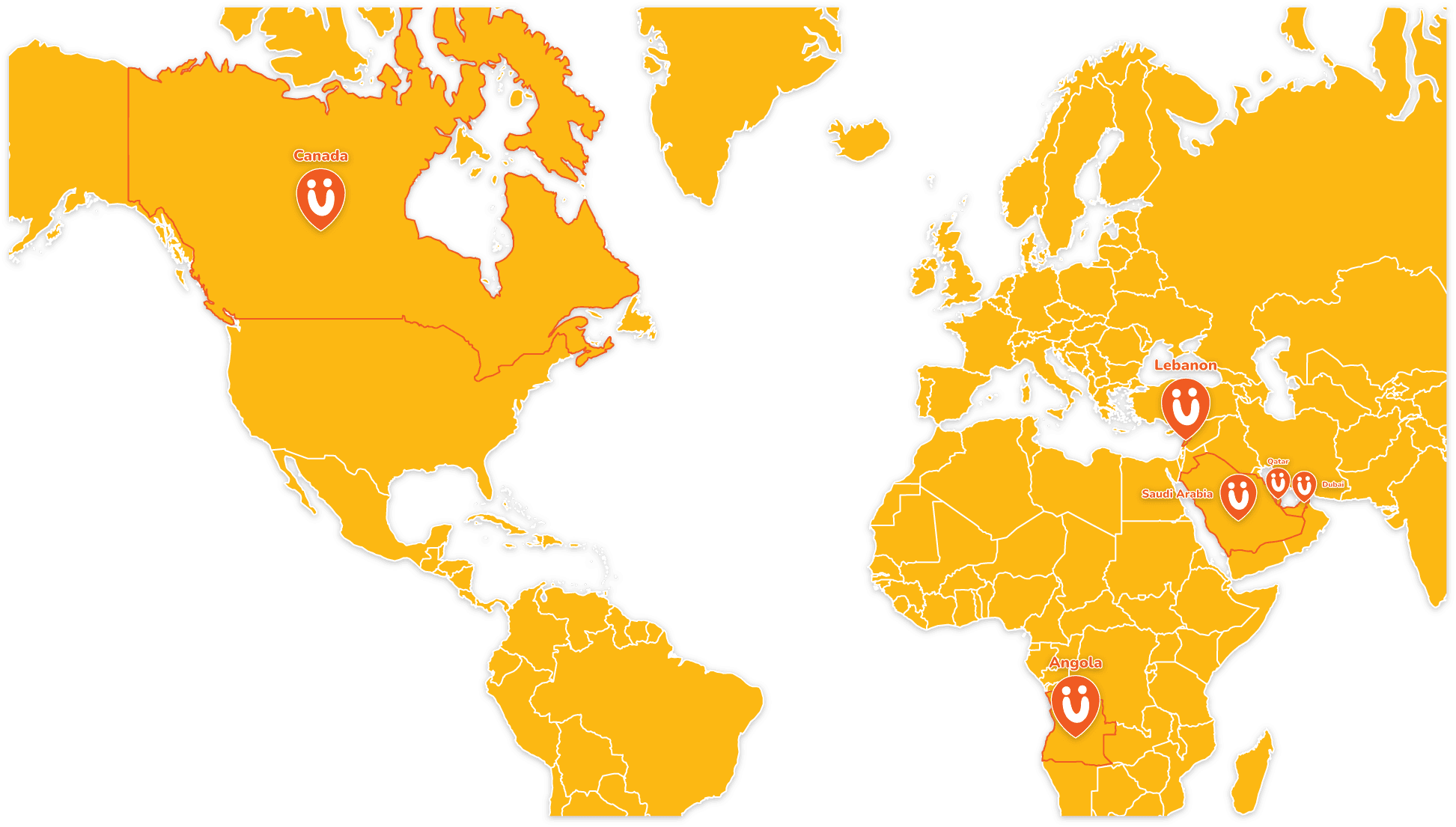 Map of MyNursery locations in Canada, Lebanon, Saudi Arabia, Qatar, Dubai, and Angola